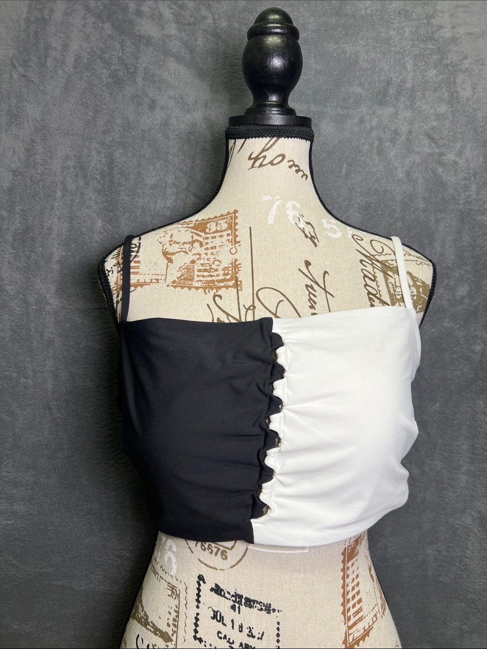 Black & White Ruched Split Bandeau Bikini Top